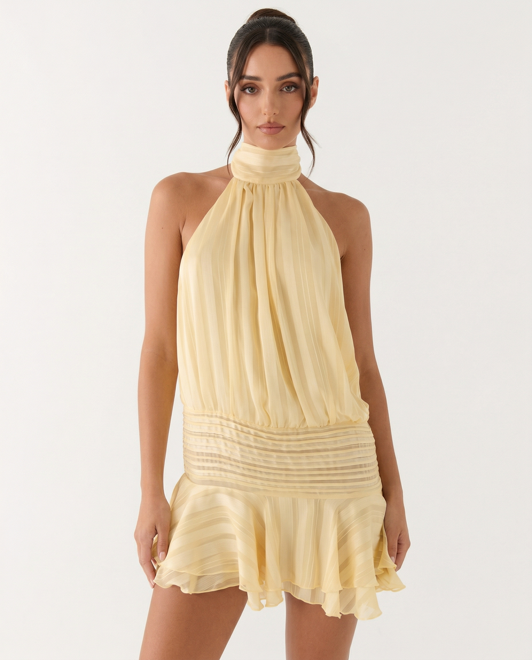 LEIRE - Minivestido plise halter en tono mantequilla™