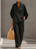 SERENA - Conjunto de lino de dos piezas con blusa de cuello camisero y pantalón fluido™