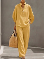 SERENA - Conjunto de lino de dos piezas con blusa de cuello camisero y pantalón fluido™