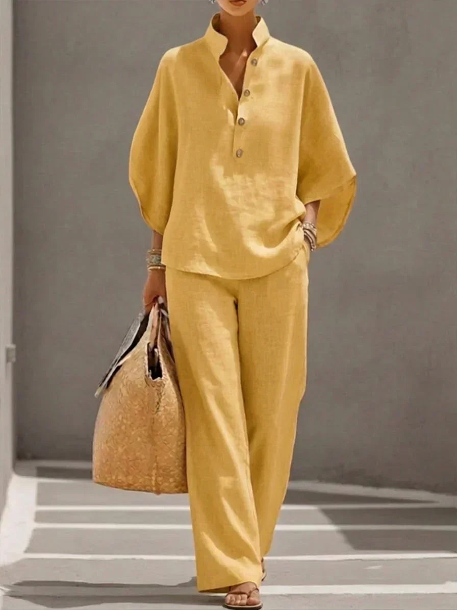 SERENA - Conjunto de lino de dos piezas con blusa de cuello camisero y pantalón fluido™