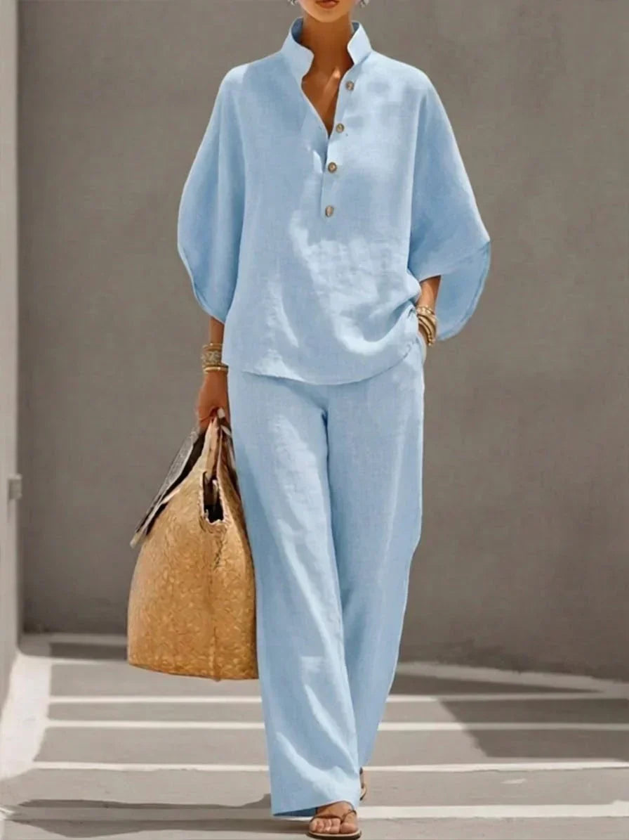 SERENA - Conjunto de lino de dos piezas con blusa de cuello camisero y pantalón fluido™