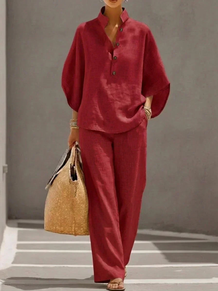 SERENA - Conjunto de lino de dos piezas con blusa de cuello camisero y pantalón fluido™