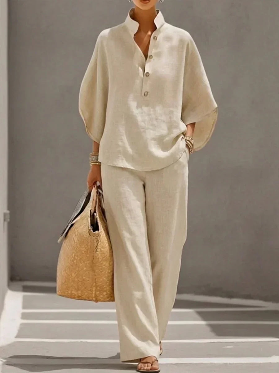 SERENA - Conjunto de lino de dos piezas con blusa de cuello camisero y pantalón fluido™