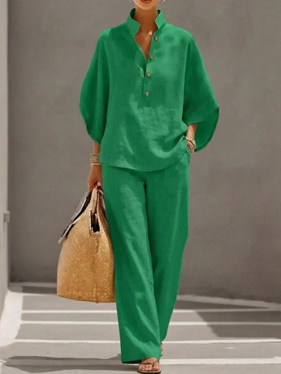 SERENA - Conjunto de lino de dos piezas con blusa de cuello camisero y pantalón fluido™