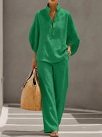 SERENA - Conjunto de lino de dos piezas con blusa de cuello camisero y pantalón fluido™