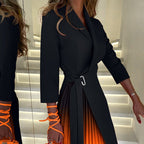Robe Blazer Plissée Ombrée à Col Revers et Taille Nouée
