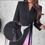 Robe Blazer Plissée Ombrée à Col Revers et Taille Nouée