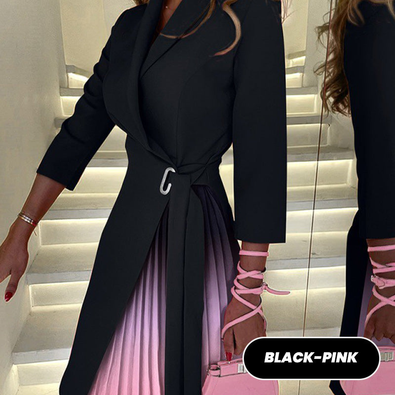 Robe Blazer Plissée Ombrée à Col Revers et Taille Nouée