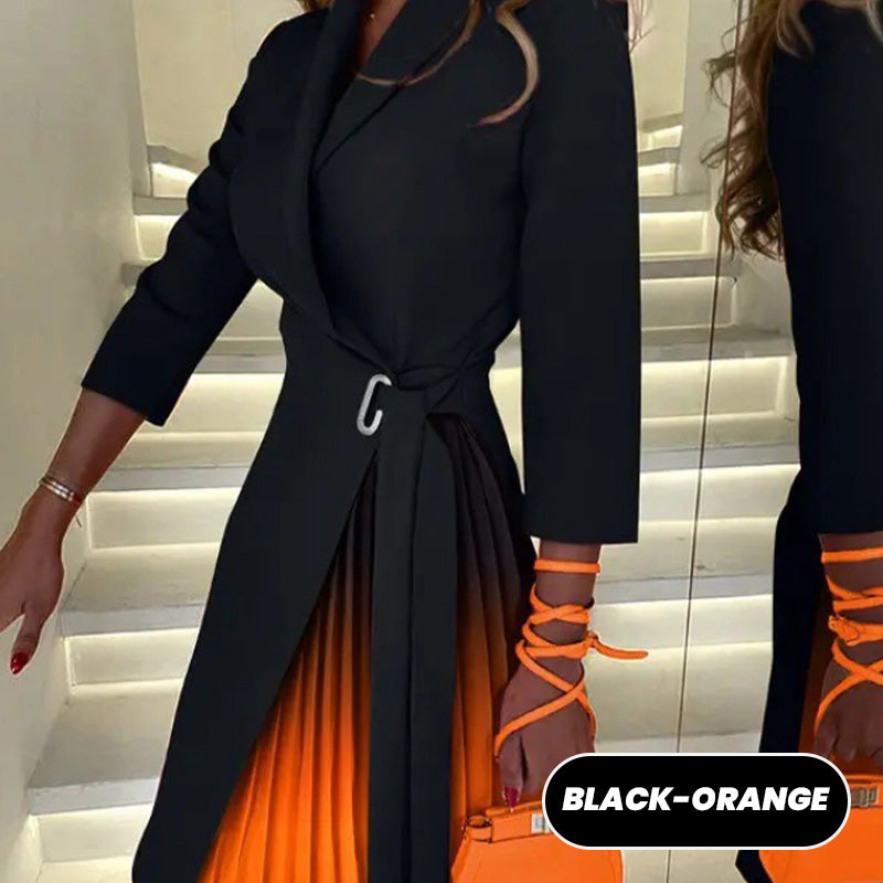 Robe Blazer Plissée Ombrée à Col Revers et Taille Nouée