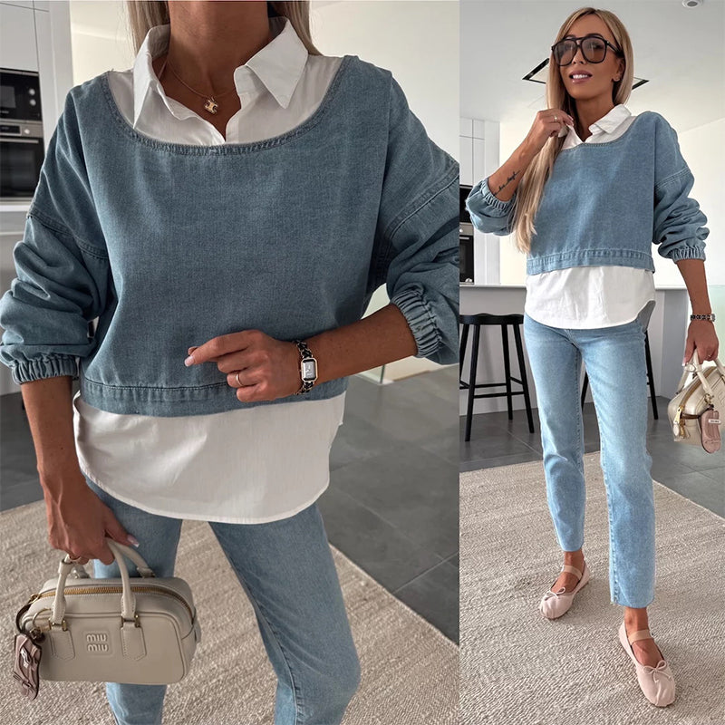 🩵Ensemble deux pièces à la mode composé d'un haut en jean à manches longues et d'un pantalon pour femmes