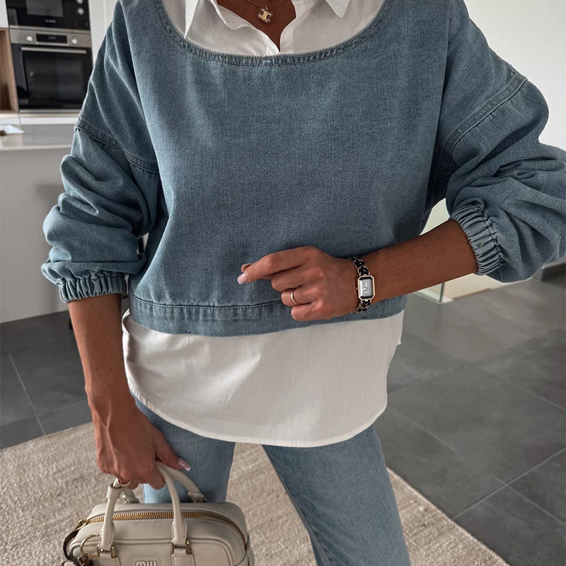 🩵Ensemble deux pièces à la mode composé d'un haut en jean à manches longues et d'un pantalon pour femmes