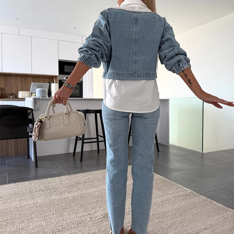 🩵Ensemble deux pièces à la mode composé d'un haut en jean à manches longues et d'un pantalon pour femmes