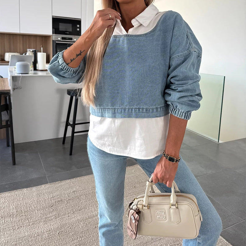 🩵Ensemble deux pièces à la mode composé d'un haut en jean à manches longues et d'un pantalon pour femmes