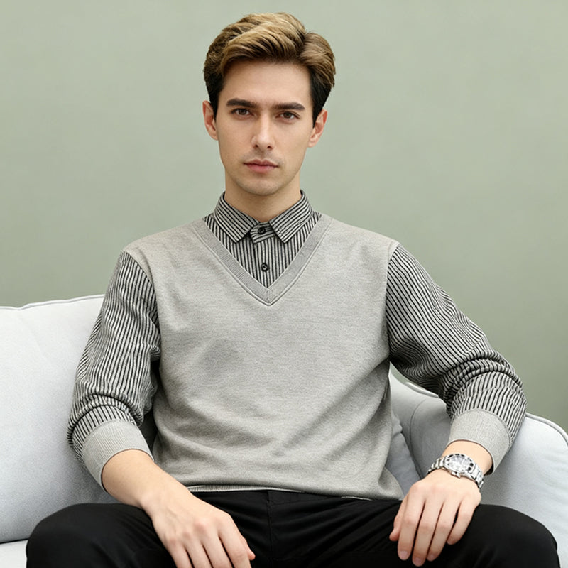 Ensemble deux pièces décontracté pour homme composé d'un pull et d'une chemise en tricot