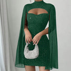 Robe côtelée à découpes pour femme avec cape en mousseline