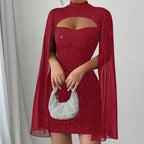 Robe côtelée à découpes pour femme avec cape en mousseline