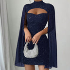Robe côtelée à découpes pour femme avec cape en mousseline