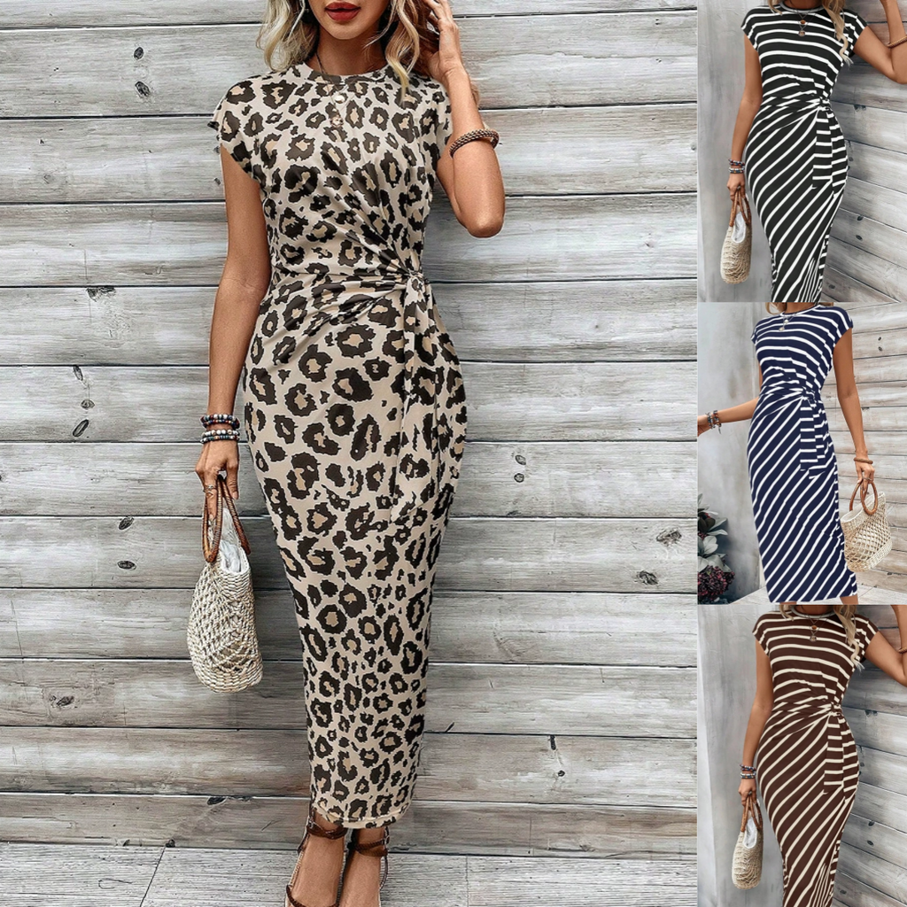 CHLOE - Vestido midi ajustado de manga corta con estampado de leopardo y rayas™