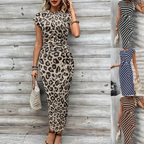 CHLOE - Vestido midi ajustado de manga corta con estampado de leopardo y rayas™