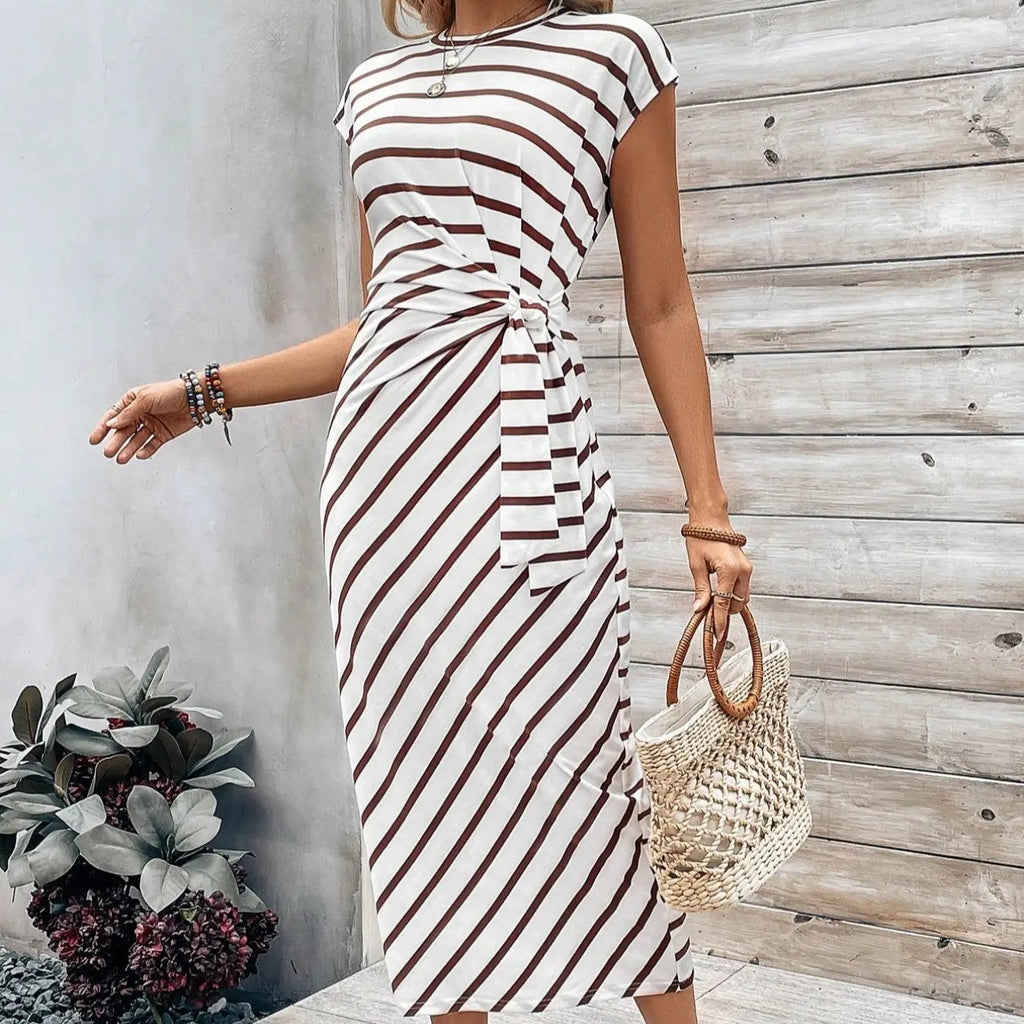 CHLOE - Vestido midi ajustado de manga corta con estampado de leopardo y rayas™