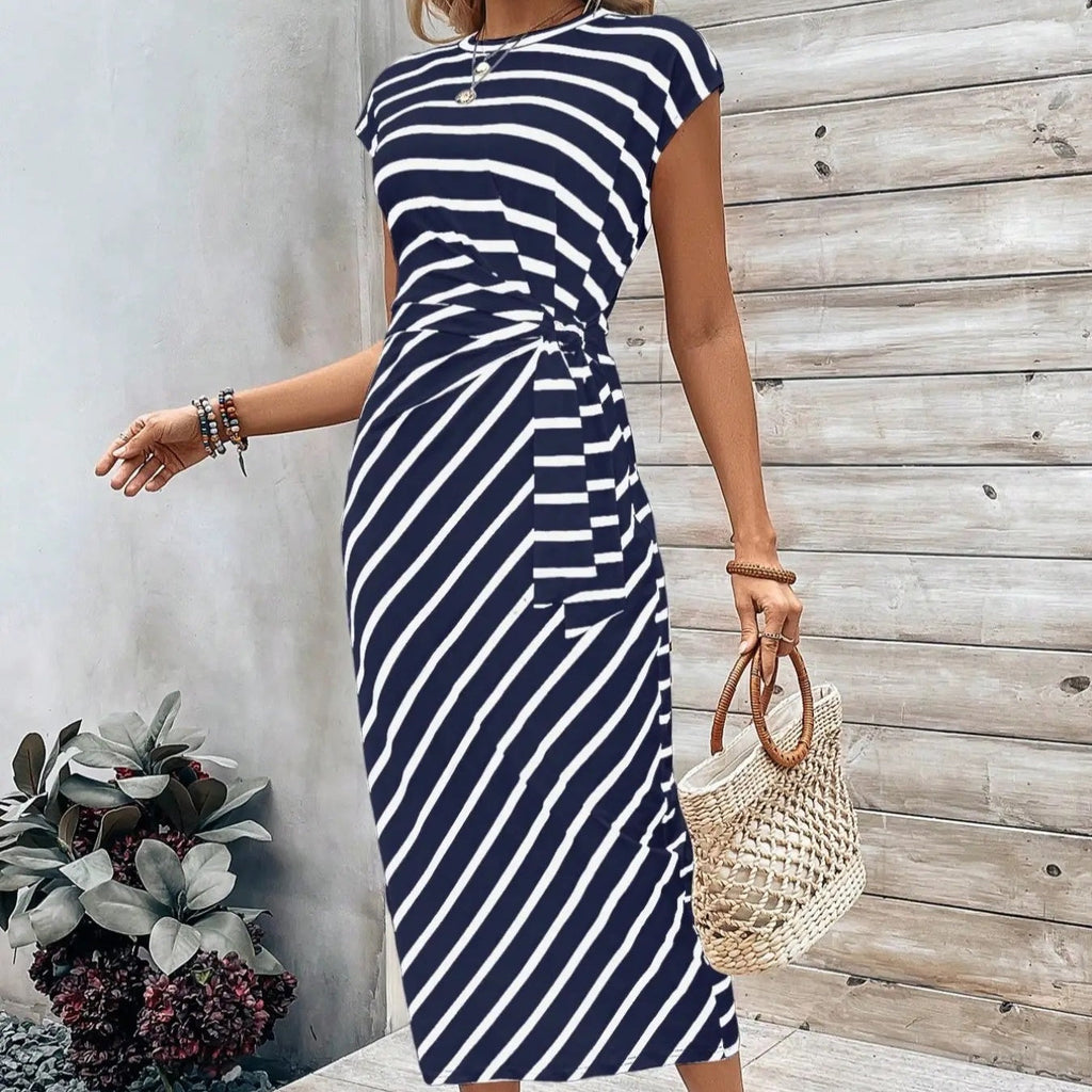 CHLOE - Vestido midi ajustado de manga corta con estampado de leopardo y rayas™