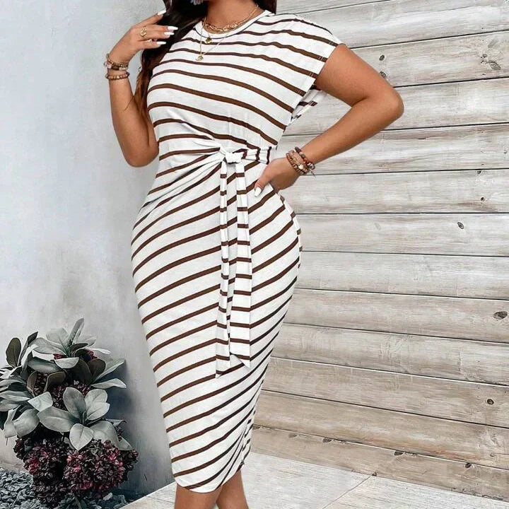 CHLOE - Vestido midi ajustado de manga corta con estampado de leopardo y rayas™