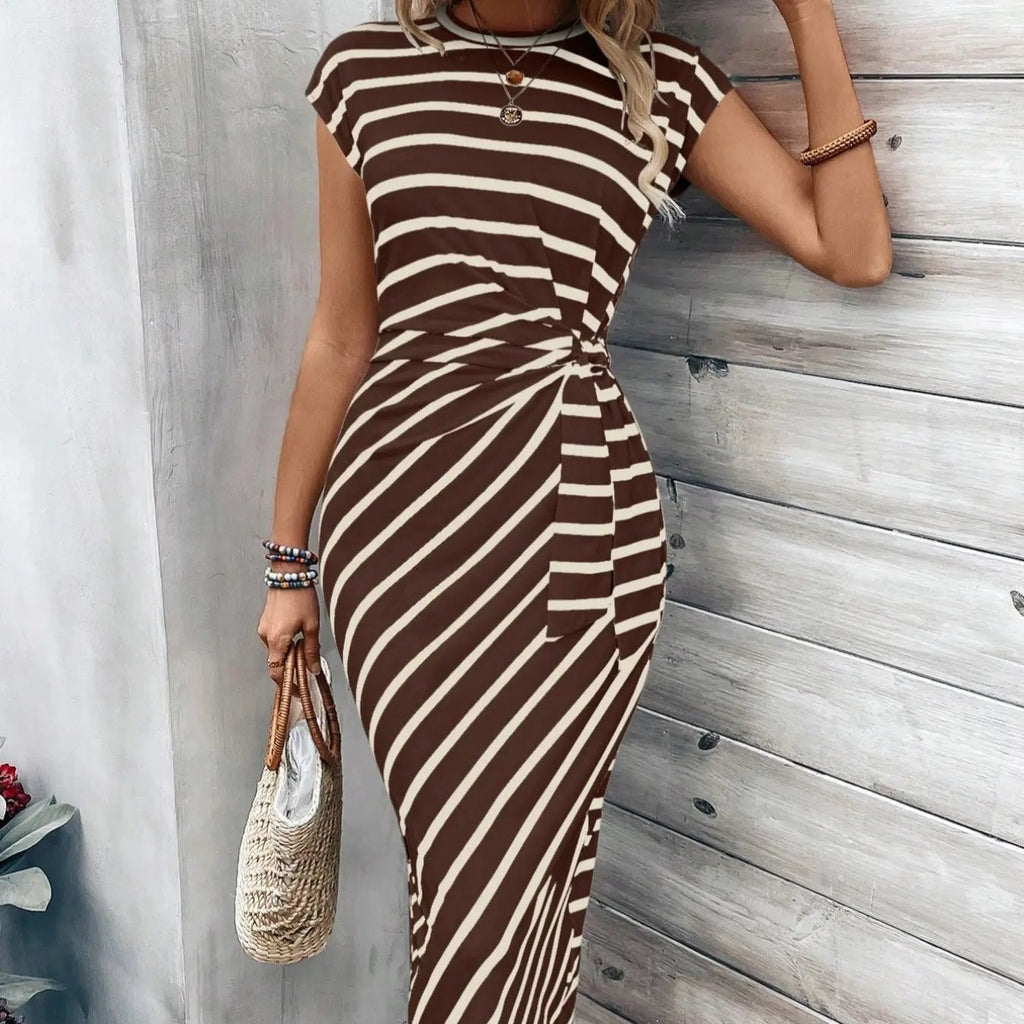 CHLOE - Vestido midi ajustado de manga corta con estampado de leopardo y rayas™