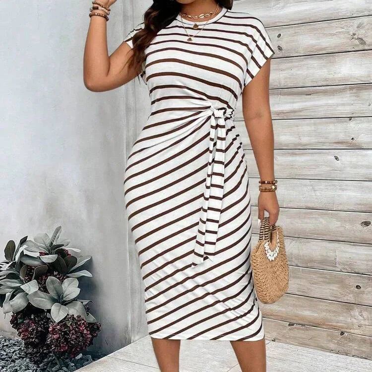 CHLOE - Vestido midi ajustado de manga corta con estampado de leopardo y rayas™