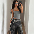 NOELIA - Top de tirantes acanalado con hebillas metálicas estilo Y2K™