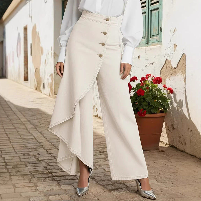 CLEO - Vaqueros de pernera ancha con panel asimétrico cruzado y botones™