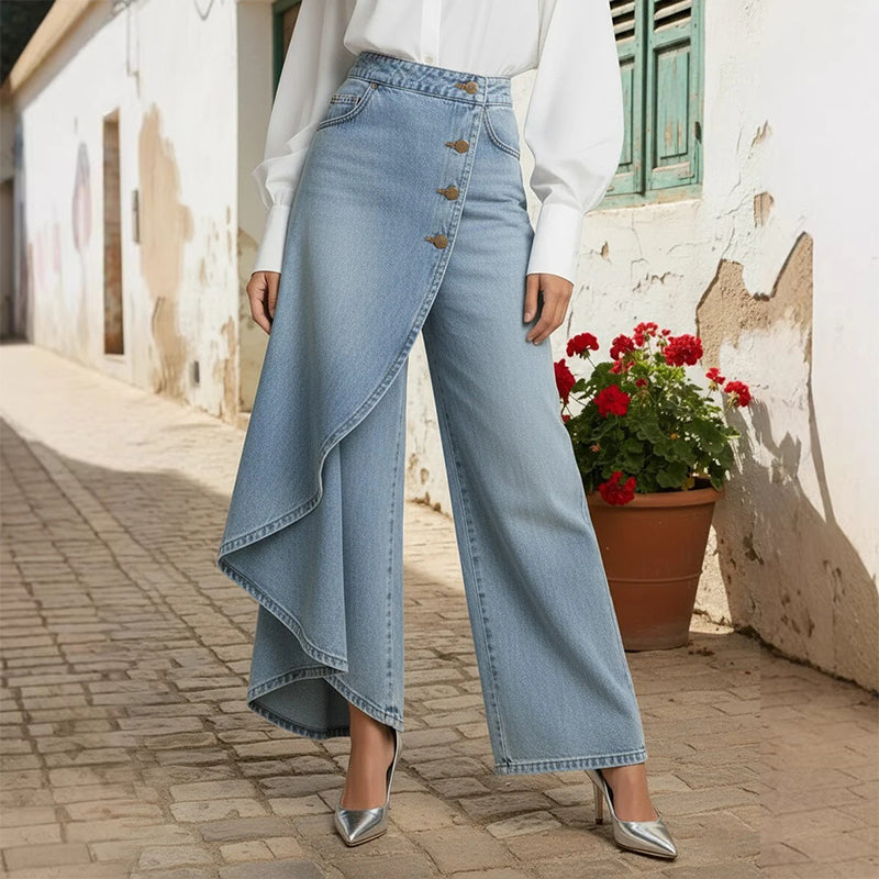 CLEO - Vaqueros de pernera ancha con panel asimétrico cruzado y botones™