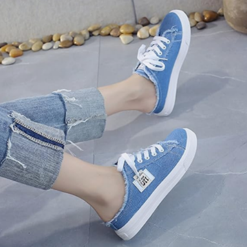 👟 JETZT 50 % RABATT! 👖 Denim-Mule-Sneaker für Damen – einfach zum Hineinschlüpfen, bequeme Sohle und perfekt für einen lässigen Sommerlook ☀️