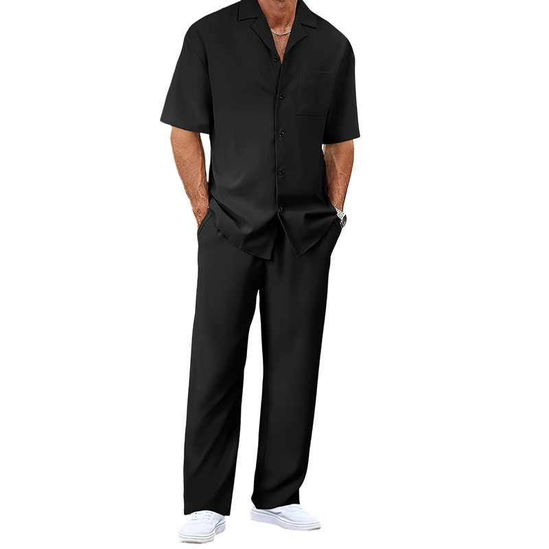 👔 50% DE RÉDUCTION ✨ Ensemble décontracté homme – Chemise col cubain & pantalon ample – Tissu léger, coupe fluide, parfait pour les vacances ou les journées chaudes 🌴