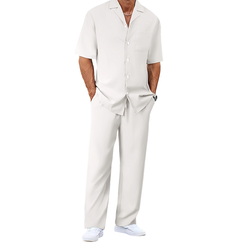 👔 50% DE RÉDUCTION ✨ Ensemble décontracté homme – Chemise col cubain & pantalon ample – Tissu léger, coupe fluide, parfait pour les vacances ou les journées chaudes 🌴