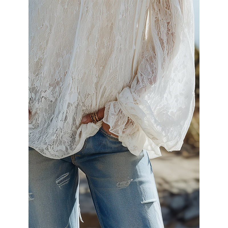 👚 50% RABATT! 🌸 Büsten-BH aus Spitze – transparent, weite Ärmel & Boho-Stil – Luftiger Sommertraum, perfekt für Festival, Strand oder einen romantischen Look ☀️