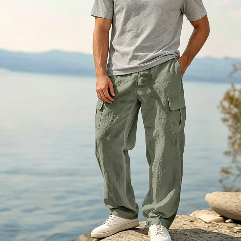 GAEL - Pantalones cargo de lino de corte amplio y cintura elástica con cordón™
