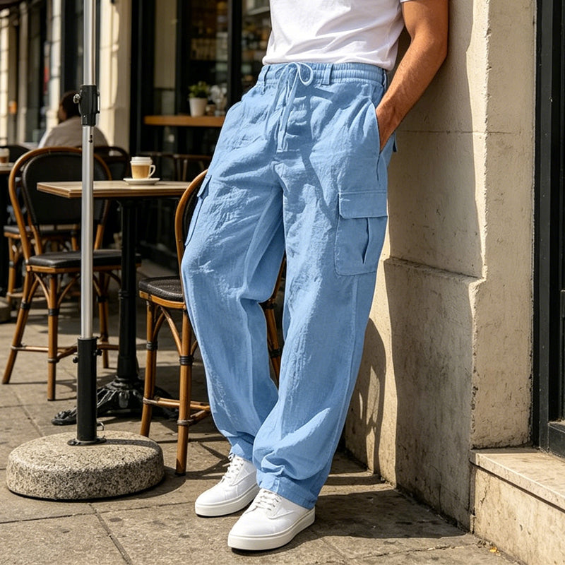 GAEL - Pantalones cargo de lino de corte amplio y cintura elástica con cordón™