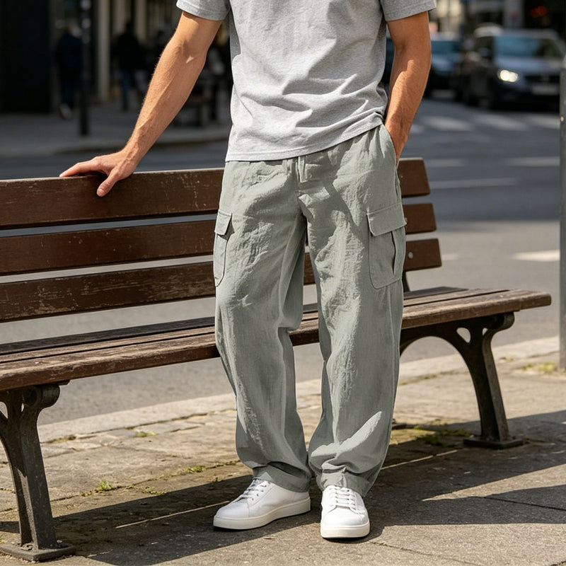 GAEL - Pantalones cargo de lino de corte amplio y cintura elástica con cordón™