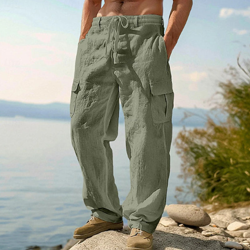 GAEL - Pantalones cargo de lino de corte amplio y cintura elástica con cordón™