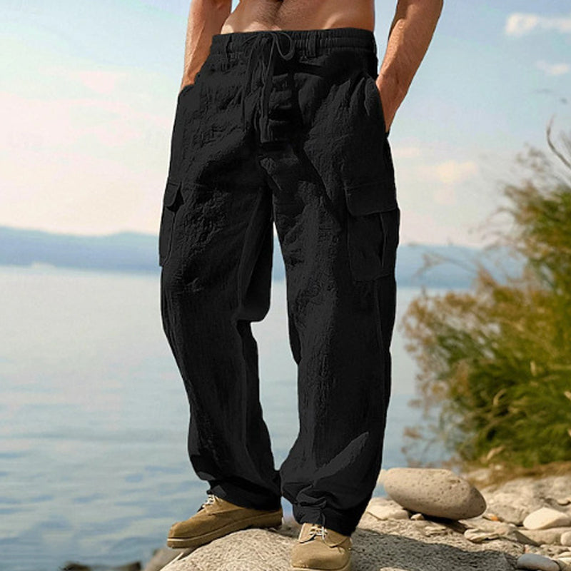 GAEL - Pantalones cargo de lino de corte amplio y cintura elástica con cordón™