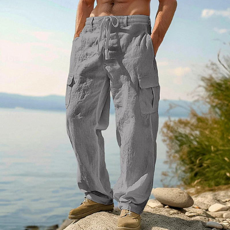 GAEL - Pantalones cargo de lino de corte amplio y cintura elástica con cordón™