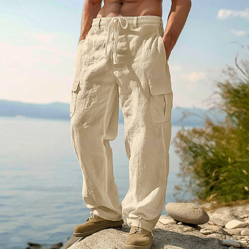 GAEL - Pantalones cargo de lino de corte amplio y cintura elástica con cordón™