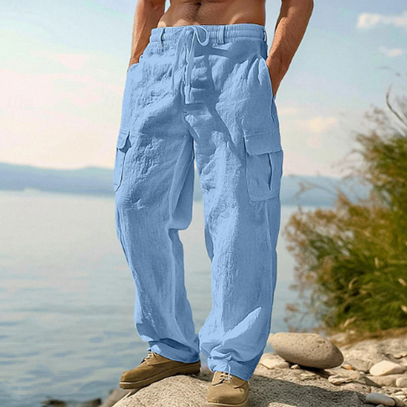 GAEL - Pantalones cargo de lino de corte amplio y cintura elástica con cordón™