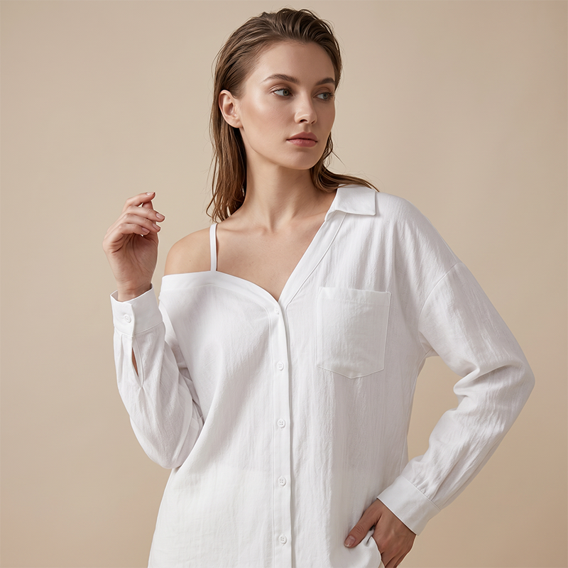 👚 50 % RABATT! ✨ Off-Shoulder-Bluse für Damen – asymmetrisch, aus Crinkle-Stoff und mit langen Ärmeln – luftig, lässig und schick 💫