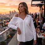 👚 50 % RABATT! ✨ Off-Shoulder-Bluse für Damen – asymmetrisch, aus Crinkle-Stoff und mit langen Ärmeln – luftig, lässig und schick 💫