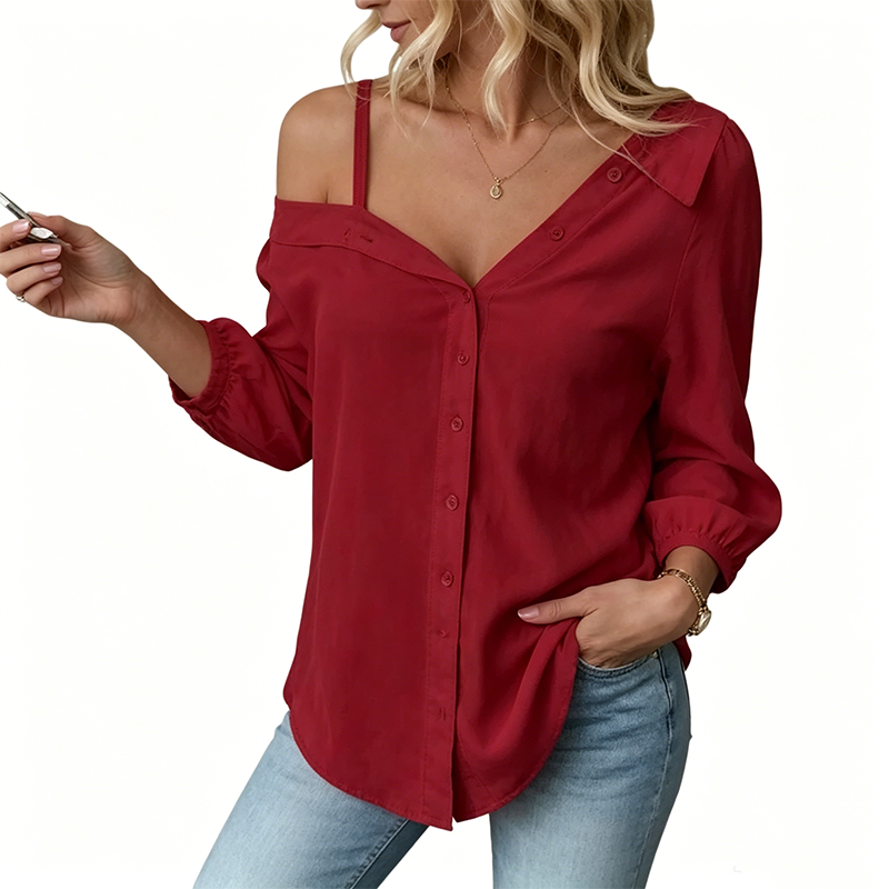 👚 50 % RABATT! ✨ Off-Shoulder-Bluse für Damen – asymmetrisch, aus Crinkle-Stoff und mit langen Ärmeln – luftig, lässig und schick 💫