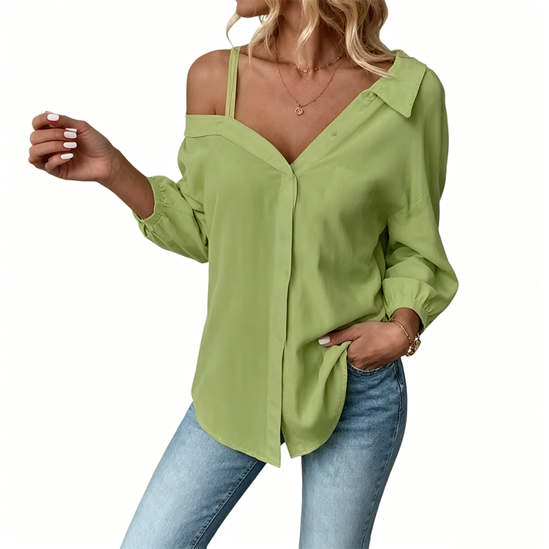 👚 50 % RABATT! ✨ Off-Shoulder-Bluse für Damen – asymmetrisch, aus Crinkle-Stoff und mit langen Ärmeln – luftig, lässig und schick 💫