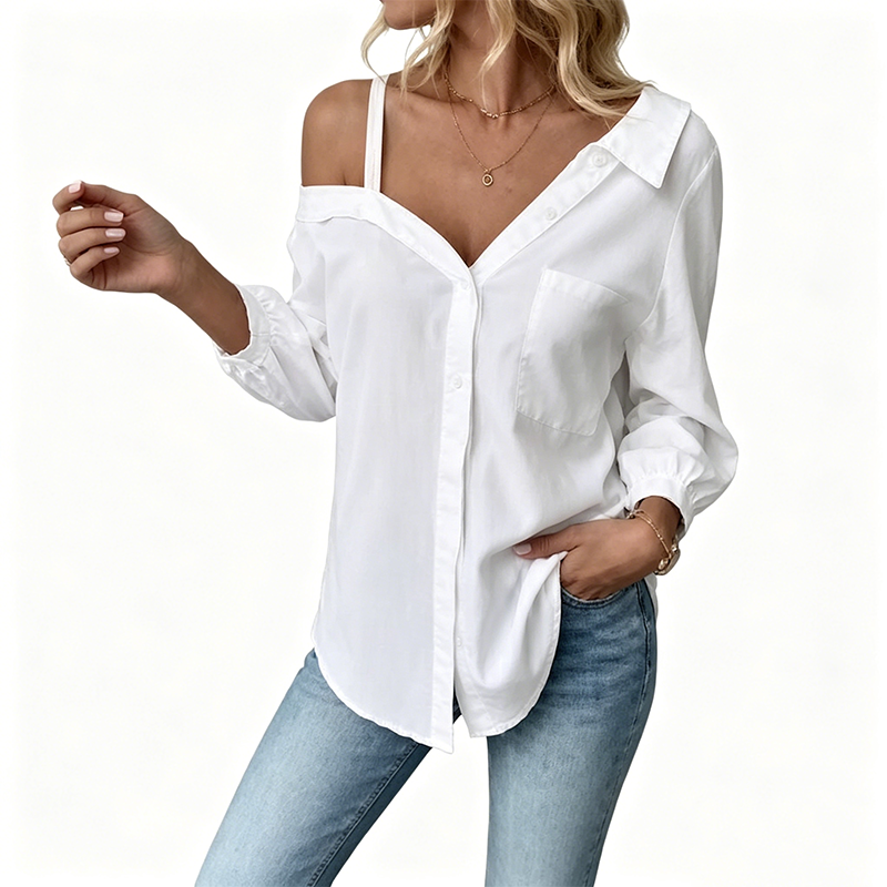 👚 50 % RABATT! ✨ Off-Shoulder-Bluse für Damen – asymmetrisch, aus Crinkle-Stoff und mit langen Ärmeln – luftig, lässig und schick 💫