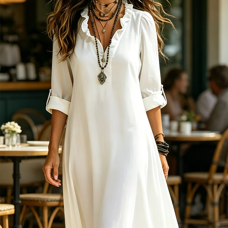 AURA - Vestido maxi de estilo ibicenco con escote en V y volantes™