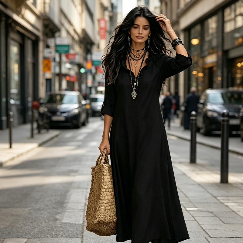 AURA - Vestido maxi de estilo ibicenco con escote en V y volantes™